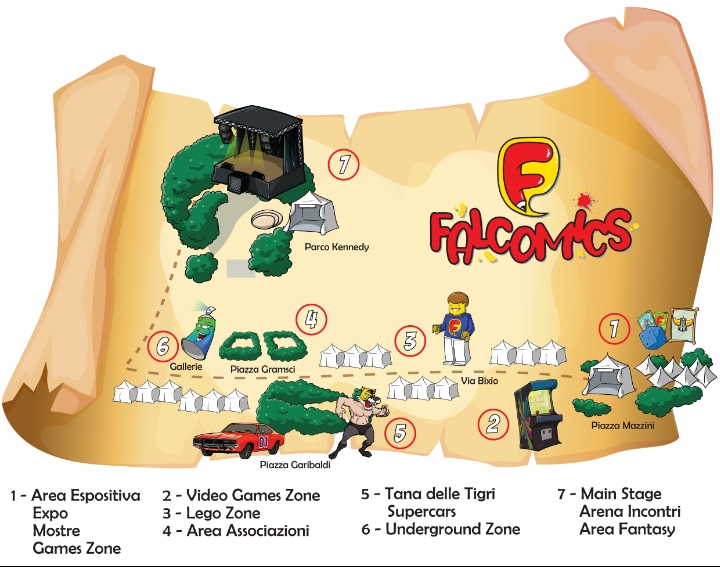 Scopri di più sull'articolo FALCOMICS 2022: ECCO LA COLORATISSIMA MAPPA CON LE AREE DEL FESTIVAL