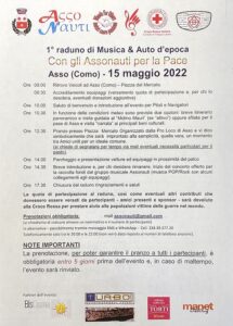 Scopri di più sull'articolo AUTO D’EPOCA E MUSICA POP AD ASSO, DOMENICA 15 MAGGIO, PER LA PACE NEL MONDO