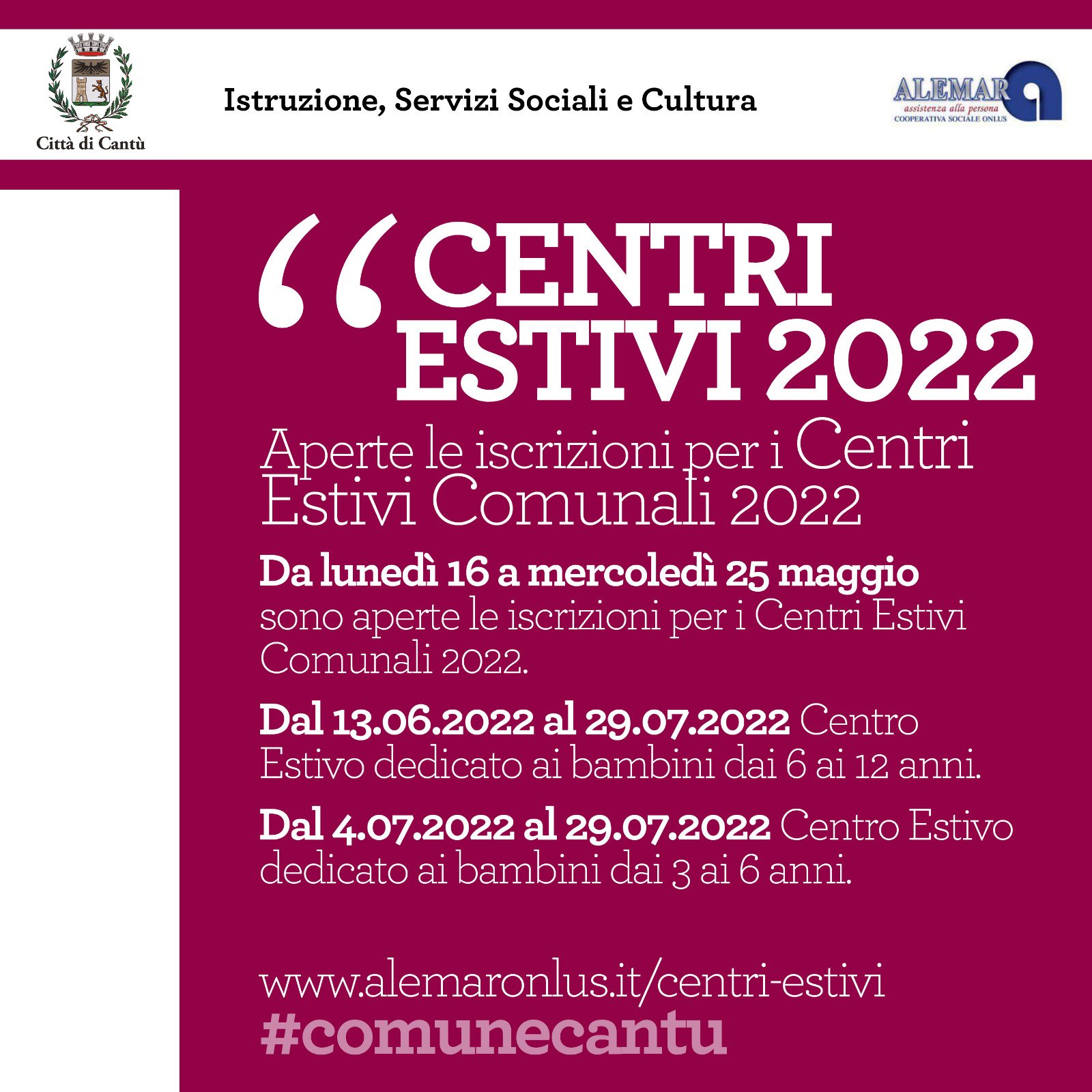 Al momento stai visualizzando CANTU’: ISCRIZIONE CENTRI ESTIVI ULTIMI GIORNI