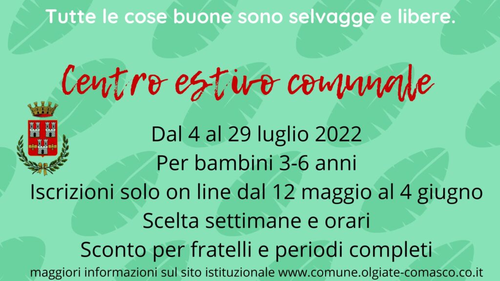 Scopri di più sull'articolo OLGIATE COMASCO: CENTRO ESTIVO C’E’ TEMPO FINO AL 4 GIUGNO PER ISCRIVERE I PROPRI FIGLI