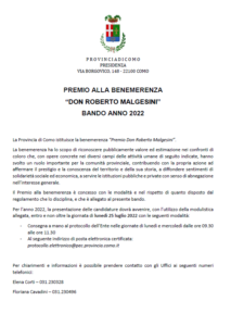 Scopri di più sull'articolo PROVINCIA DI COMO: BANDO APERTO “PREMIO DON ROBERTO MALGESINI”