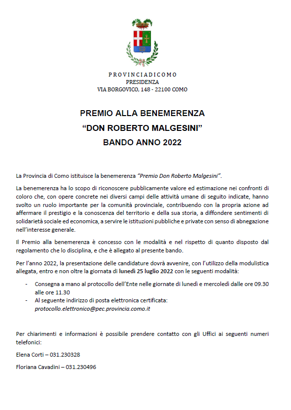 Al momento stai visualizzando PROVINCIA DI COMO: BANDO APERTO “PREMIO DON ROBERTO MALGESINI”