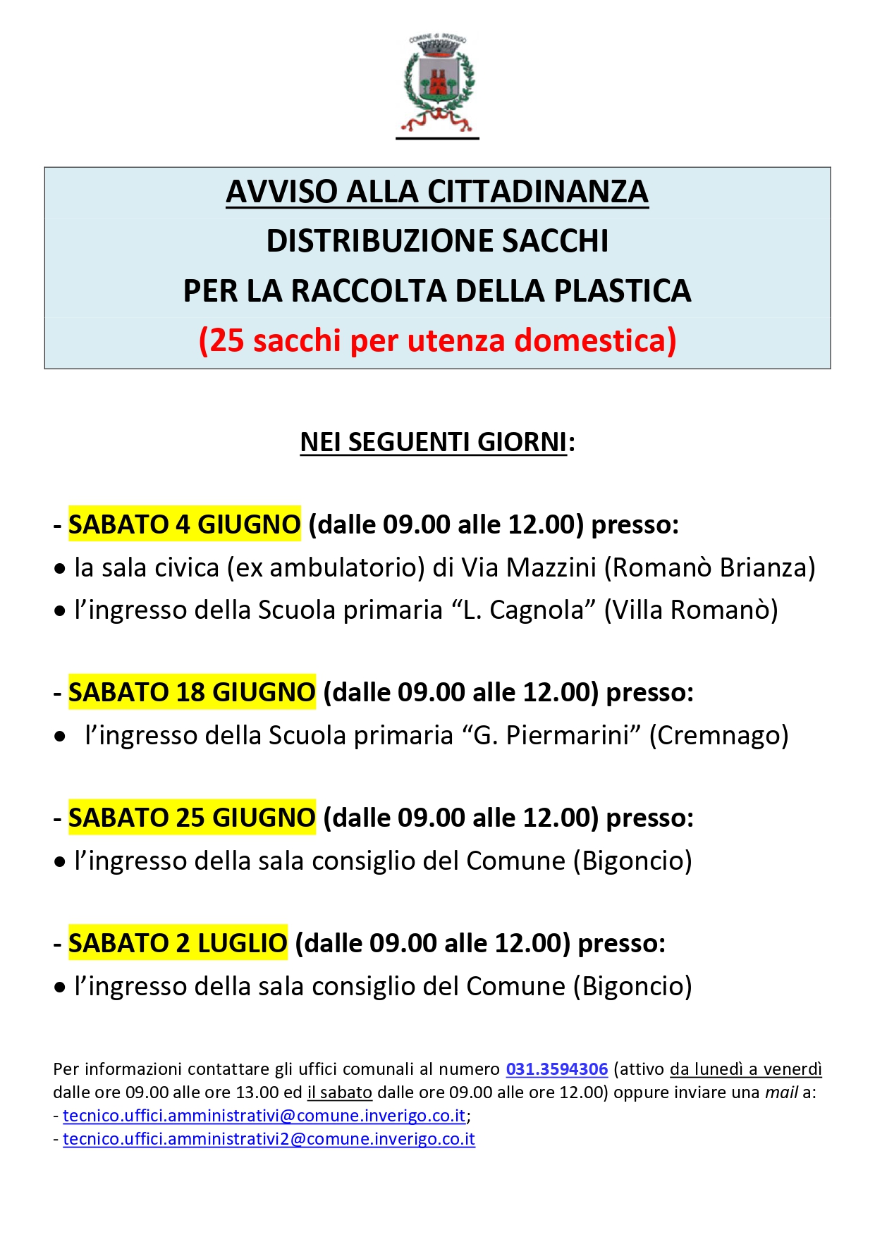 Al momento stai visualizzando INVERIGO: DISTRIBUZIONE SACCHI PER LA RACCOLTA DELLA PLASTICA