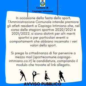 Scopri di più sull'articolo CAPIAGO INTIMIANO: L’AMMINISTRAZIONE VUOLE ORGANIZZARE LA FESTA DELLO SPORT