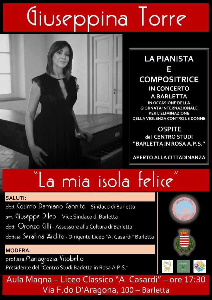 Scopri di più sull'articolo La pianista e compositrice GIUSEPPINA TORRE domani e sabato 26 novembre a BARLETTA