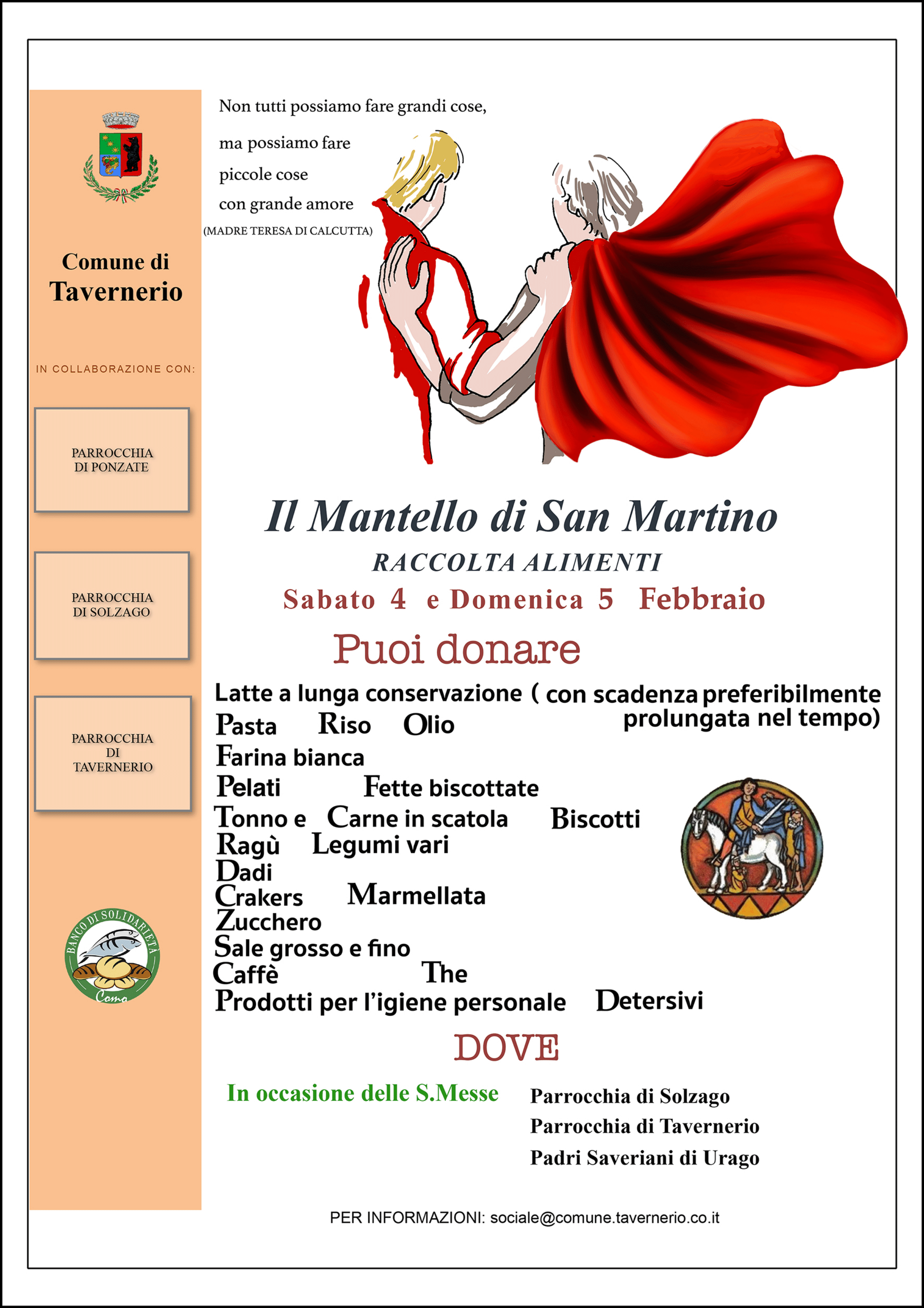 Al momento stai visualizzando TAVERNERIO: RACCOLTA ALIMENTI PER “IL MANTELLO DI SAN MARTINO”