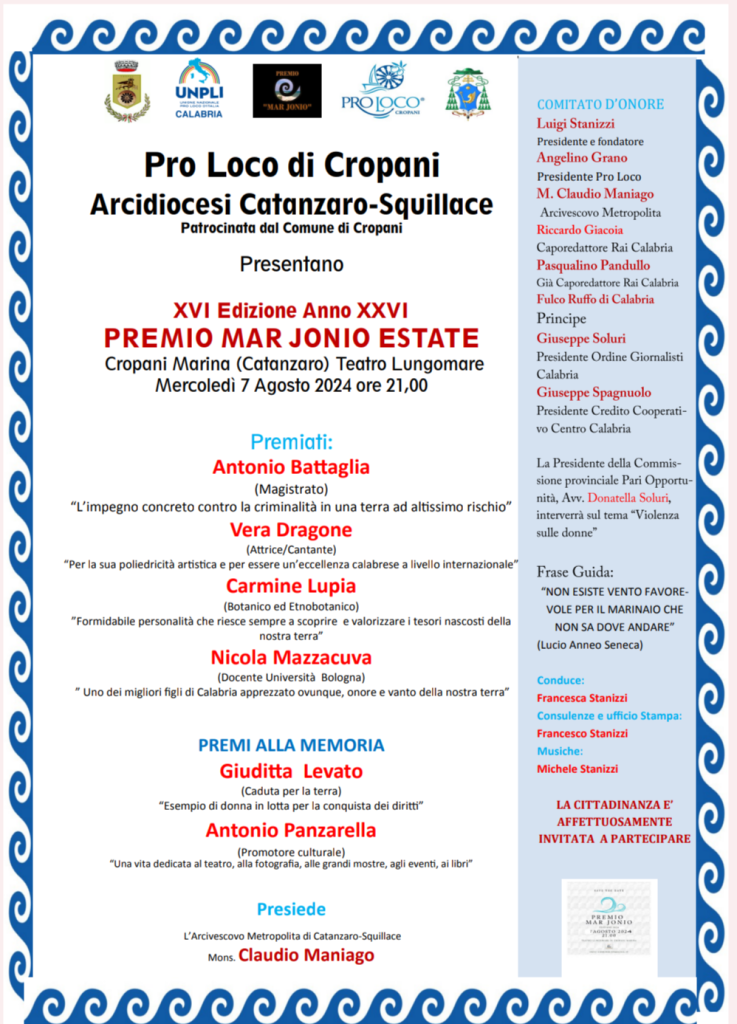 Scopri di più sull'articolo Premio Mar Jonio, il 7 Agosto 2024, al giudice Battaglia, all’attrice Dragone, al botanico Lupia, al docente universitario Mazzacuva; alla memoria invece Levato e Panzarella