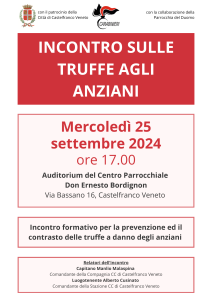 Scopri di più sull'articolo CASTELFRANCO VENETO: TRUFFE AGLI ANZIANI L’ARMA DEI CARABINIERI ORGANIZZA UN INCONTRO PER OFFRIRE CONSIGLI SU COME EVITARE DI FARSI FREGARE