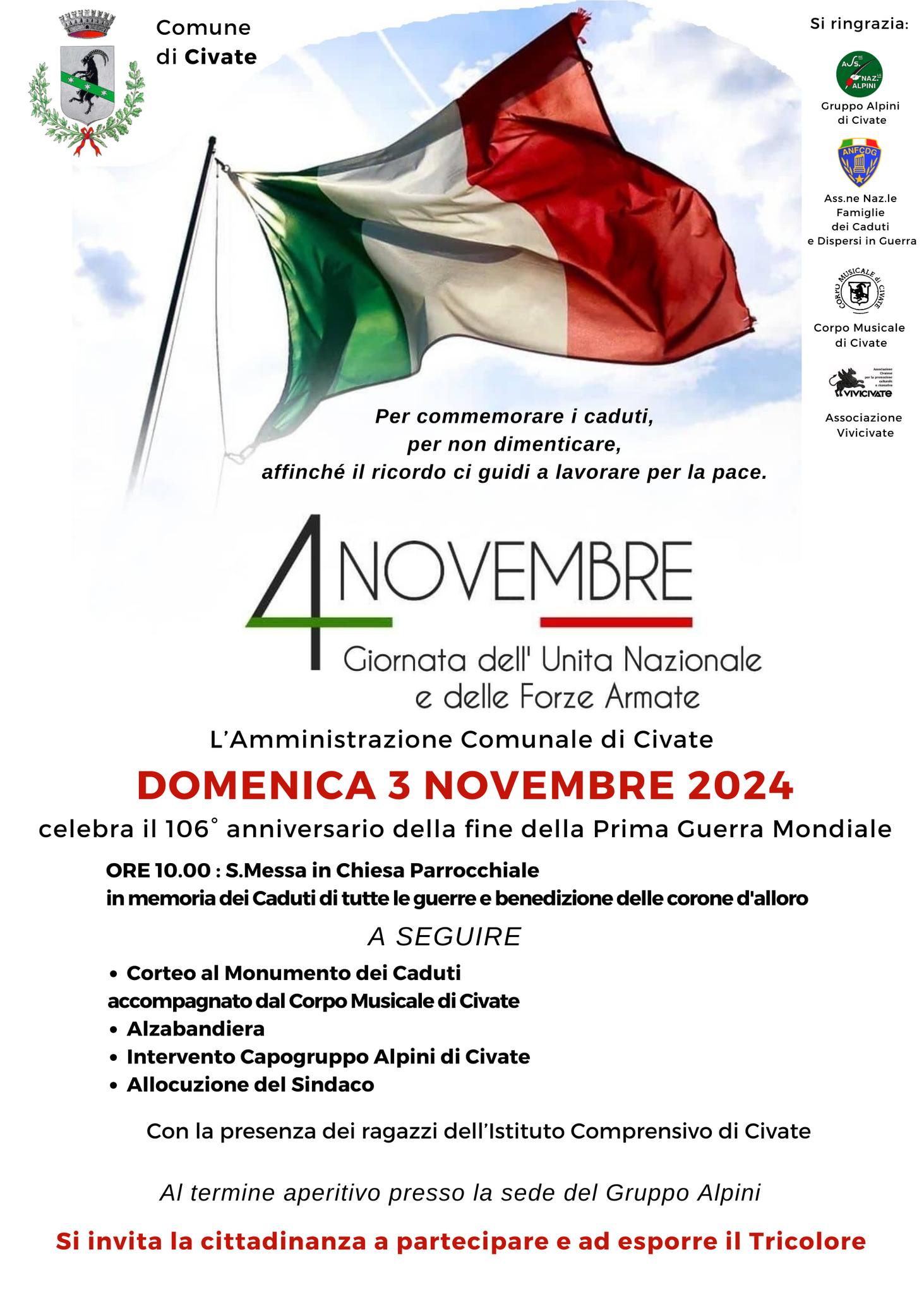 Scopri di più sull'articolo CIVATE: LA CITTA’ CELEBRA I 106 ANNI DALLA FINE DELLA GUERRA