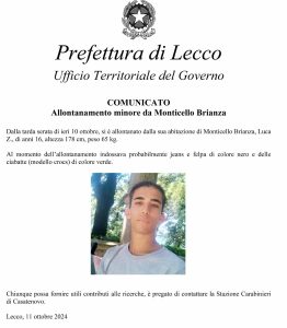 Scopri di più sull'articolo MONTICELLO BRIANZA: IL COMUNE LANCIA UN APPELLO PER RITROVARE UN MINORE ALLONTANTOSI DA CASA