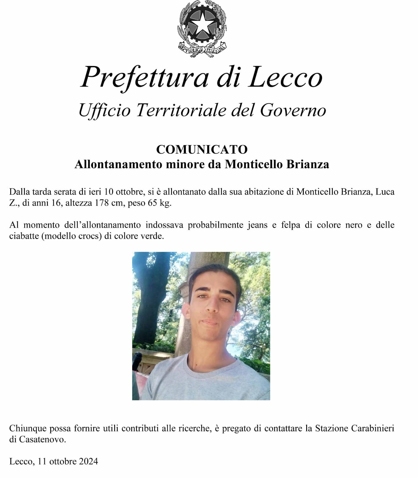 Al momento stai visualizzando MONTICELLO BRIANZA: IL COMUNE LANCIA UN APPELLO PER RITROVARE UN MINORE ALLONTANTOSI DA CASA