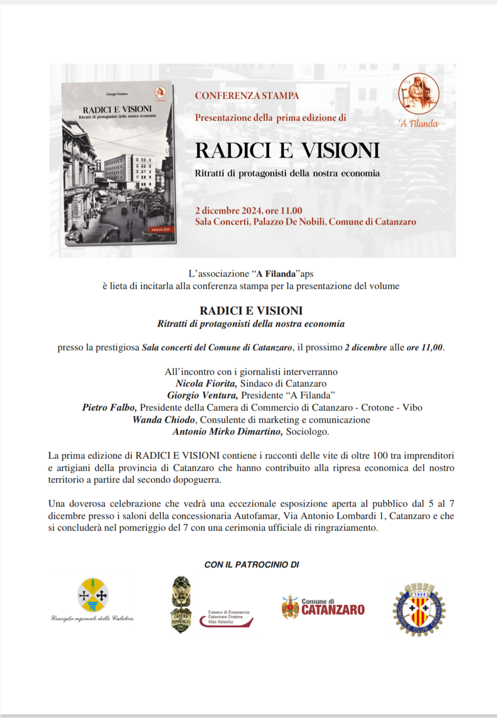 Scopri di più sull'articolo Lunedì 2 Dicembre 2024 ore 11 Sala Concerti Comune di Catanzaro per la presentazione del volume “Radici e visioni