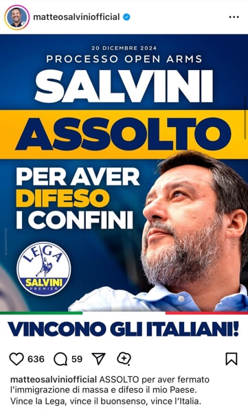 Scopri di più sull'articolo PALERMO: ASSOLUZIONE PIENA PER MATTEO SALVINI “IL FATTO NON SUSSISTE”