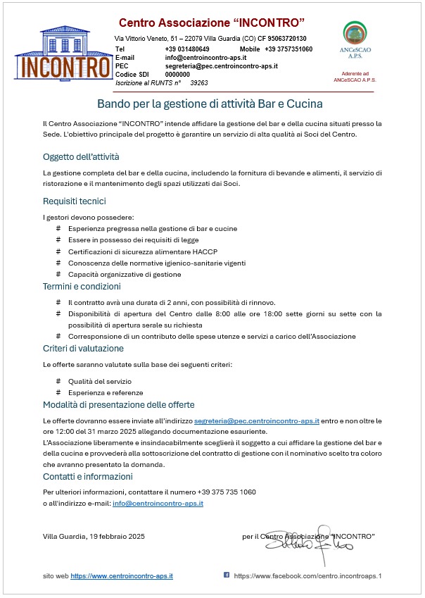 Al momento stai visualizzando VILLA GUARDIA: L’ASSOCIAZIONE “INCONTRO” APRE UN BANDO PER L’ASSEGNAZIONE DELL’AREA BAR E RISTORANTE