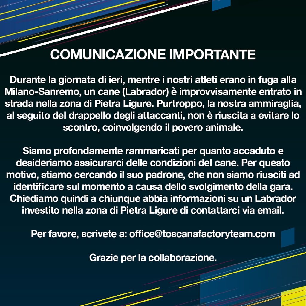 Scopri di più sull'articolo SANREMO: Aappello del  Team Solution Tech – Vini Fantini  dopo la gara ciclistica