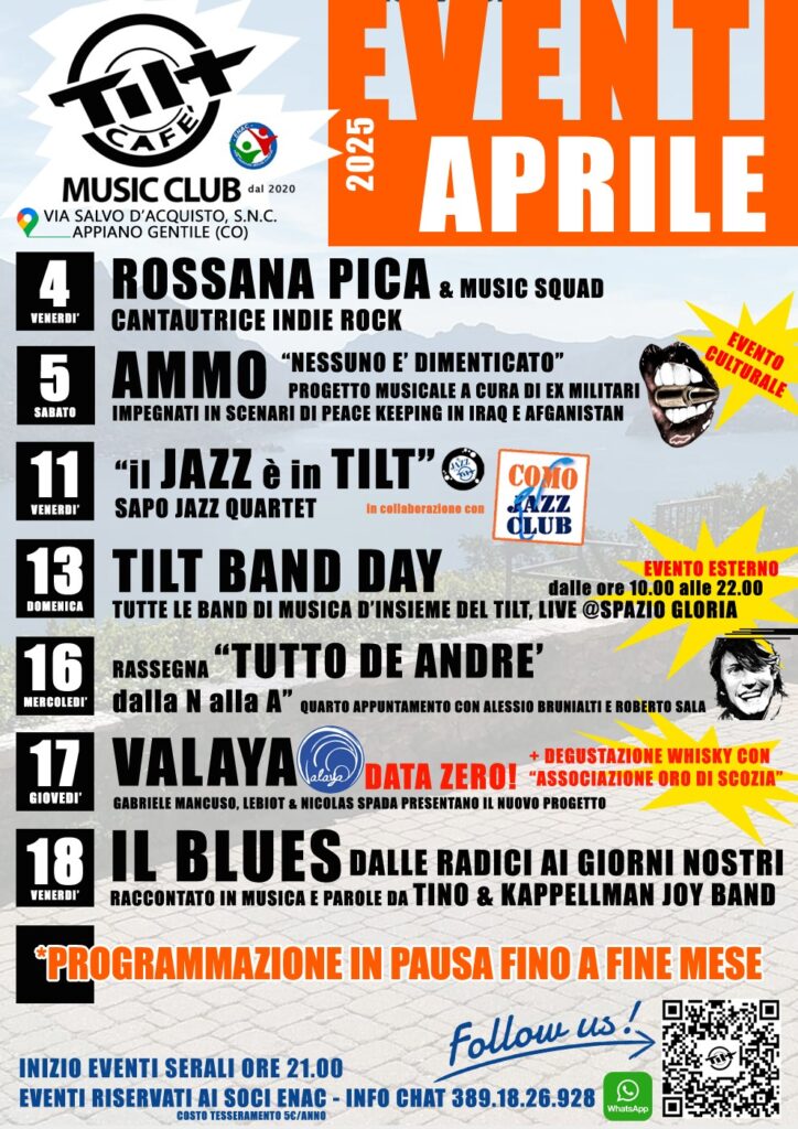 Scopri di più sull'articolo APPIANO GENTILE: LE SERATE MUSICALI DEL TILT CONTINUANO AD APRILE CON UN BEL PROGRAMMA