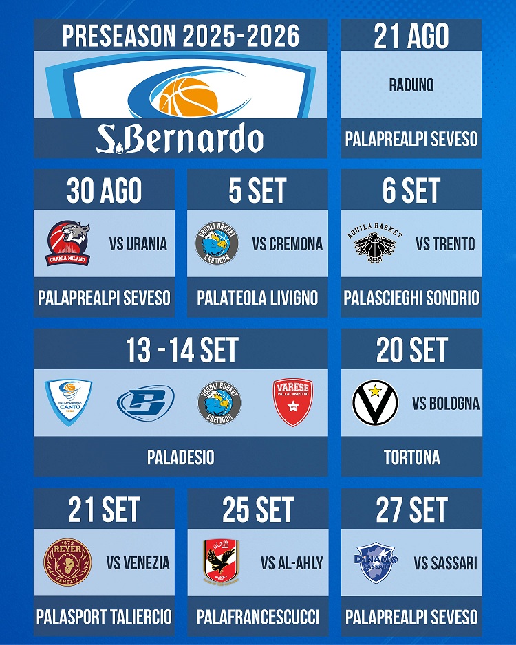 Scopri di più sull'articolo IL PROGRAMMA DEL PRECAMPIONATO DELL’ACQUA S.BERNARDO CANTÙ