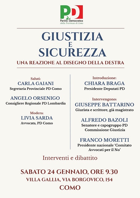 Al momento stai visualizzando GIUSTIZIA e SICUREZZA, PD Como: l’incontro sulla riforma della Magistratura e sul tema della sicurezza