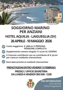 Scopri di più sull'articolo CHERASCO: soggiorno marino per anziani cheraschesi a Laigueglia dal 26 aprile al 10 maggio 2026