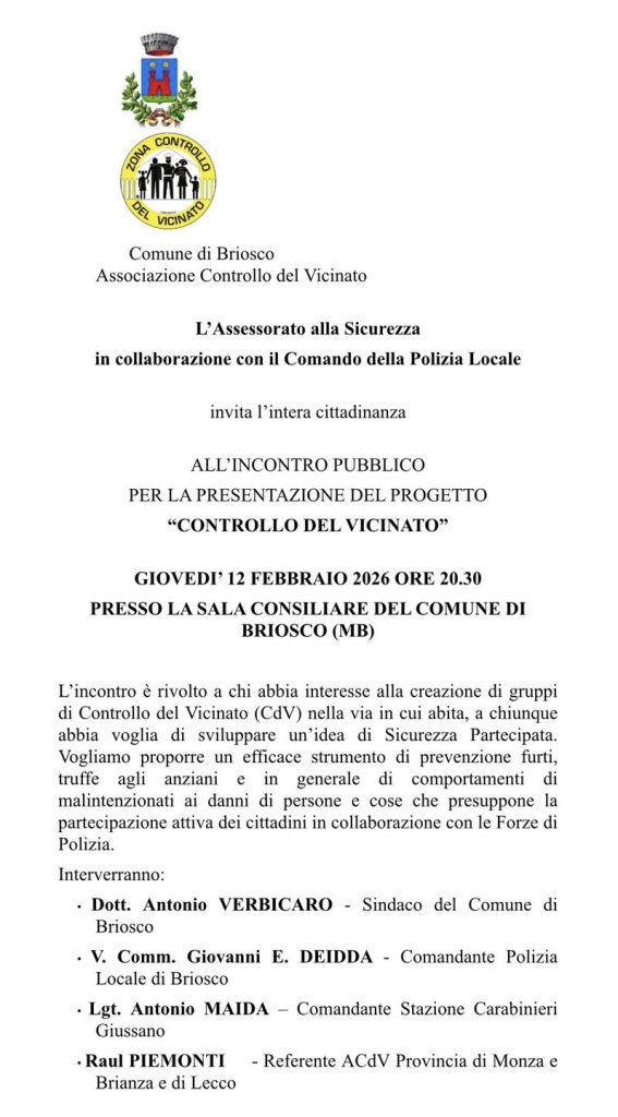 Scopri di più sull'articolo BRIOSCO: INCONTRO IN COMUNE PER IL PROGETTO “CONTROLLO DEL VICINATO” APPELLO DEL SINDACO
