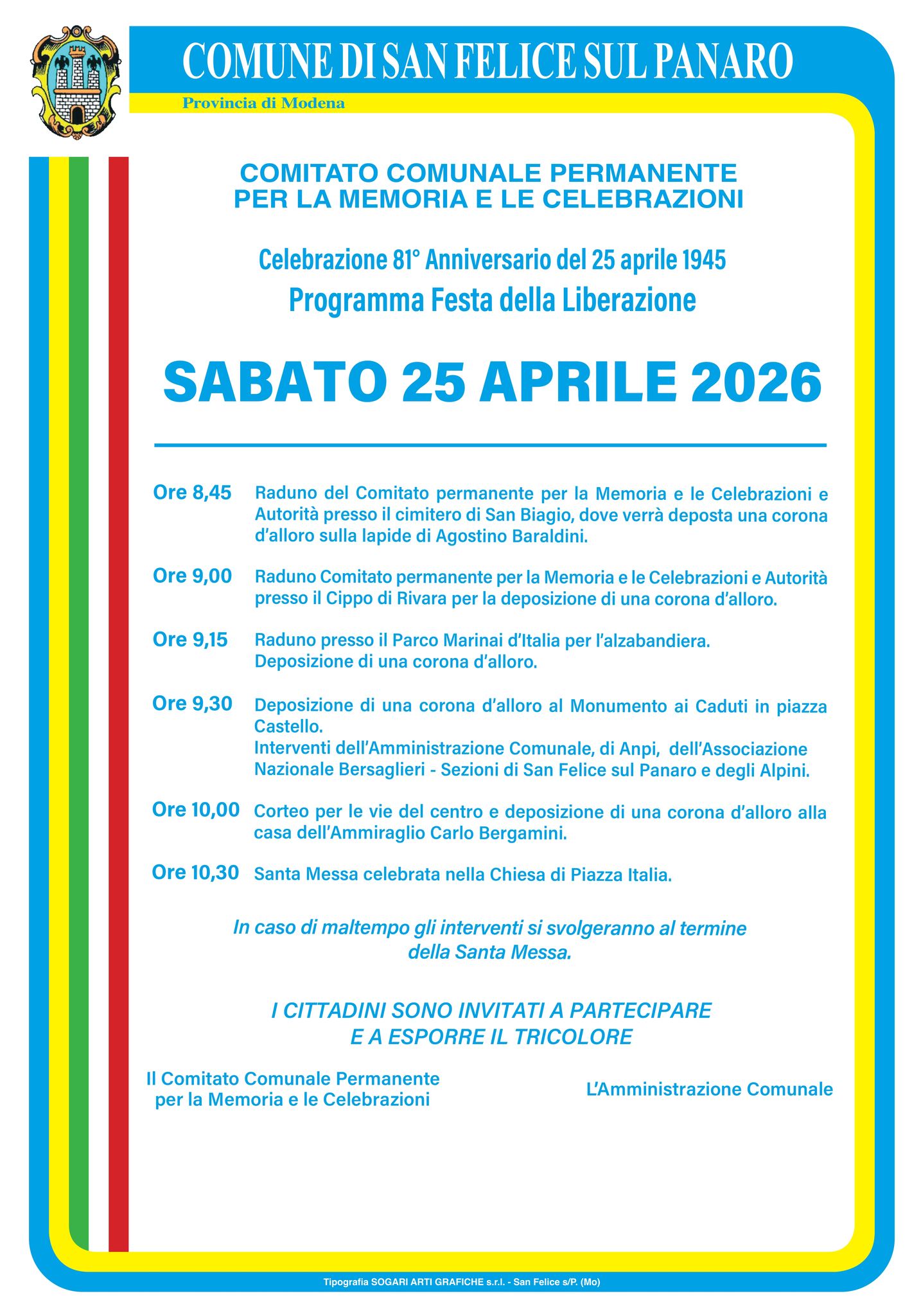 Al momento stai visualizzando SAN FELICE SUL PANARO: CELEBRAZIONI DEL 25 APRILE IL PROGRAMMA DELLE INIZIATIVE