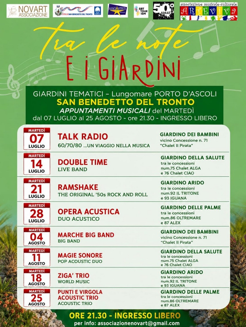 Al momento stai visualizzando Note d’estate a San Benedetto: sul lungomare sud ritorna la rassegna “Tra le note e i giardini”