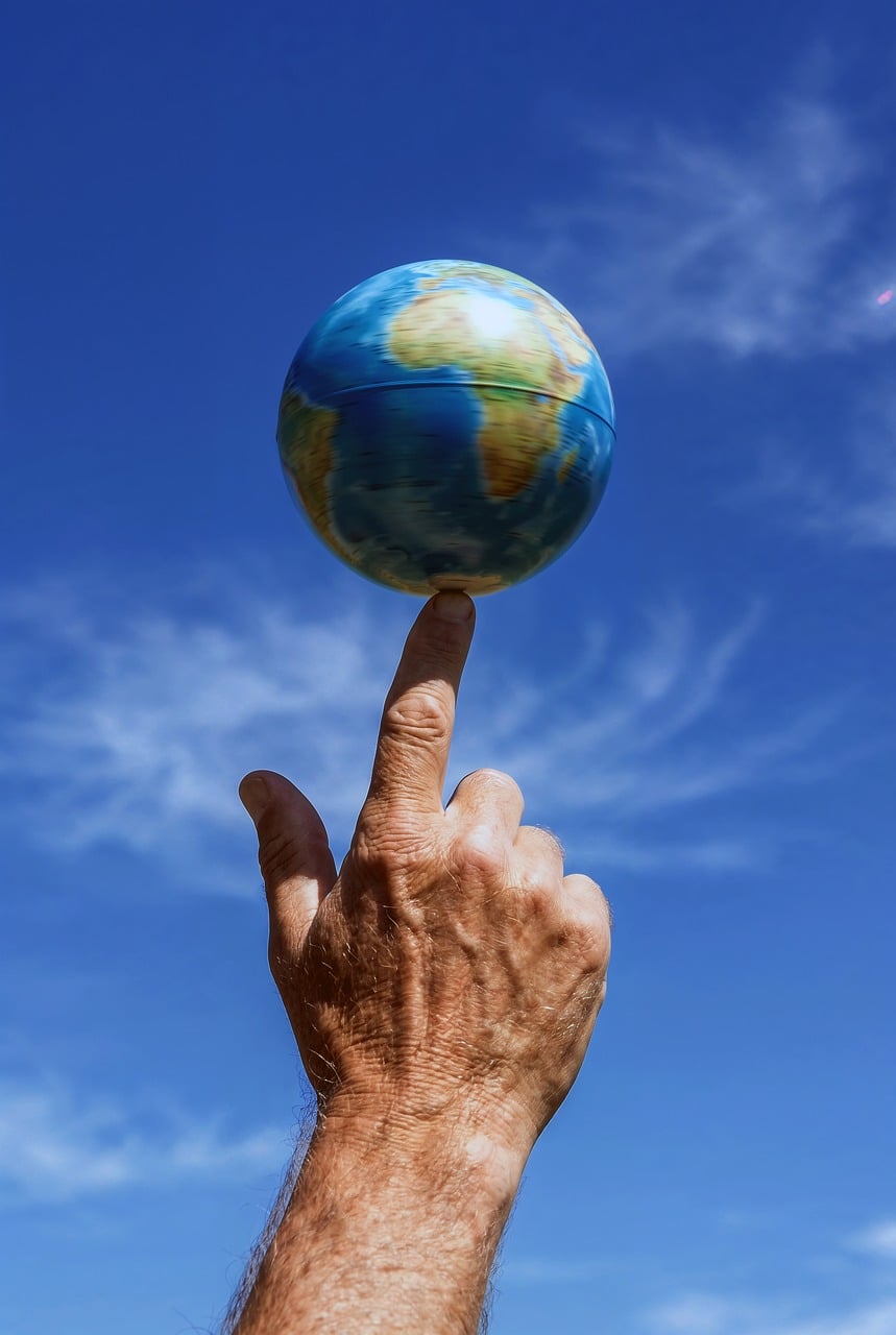 earth, nature, globe, hand, balance, finger, sky, planet, global, environment, responsibility, fragile, ecology, support, future, unity, blue, blue sky, reach, humanity, care