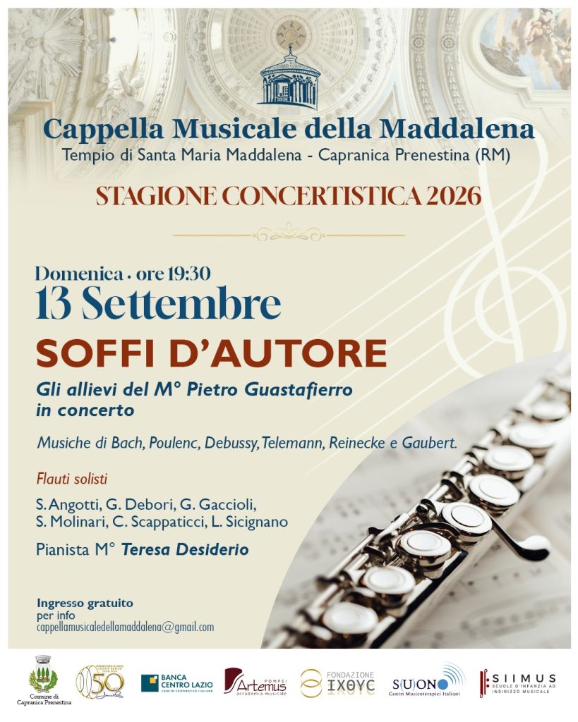 Scopri di più sull'articolo Grande musica a Capranica Prenestina: il 13 settembre al Tempio della Maddalena va in scena “Soffi d’Autore”